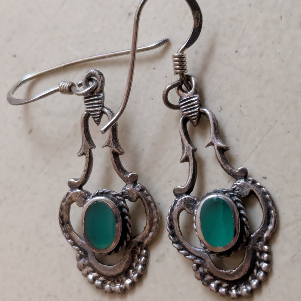 Delicate Ornate Sterling Dangle Earrings with Emerald Colored Inlay